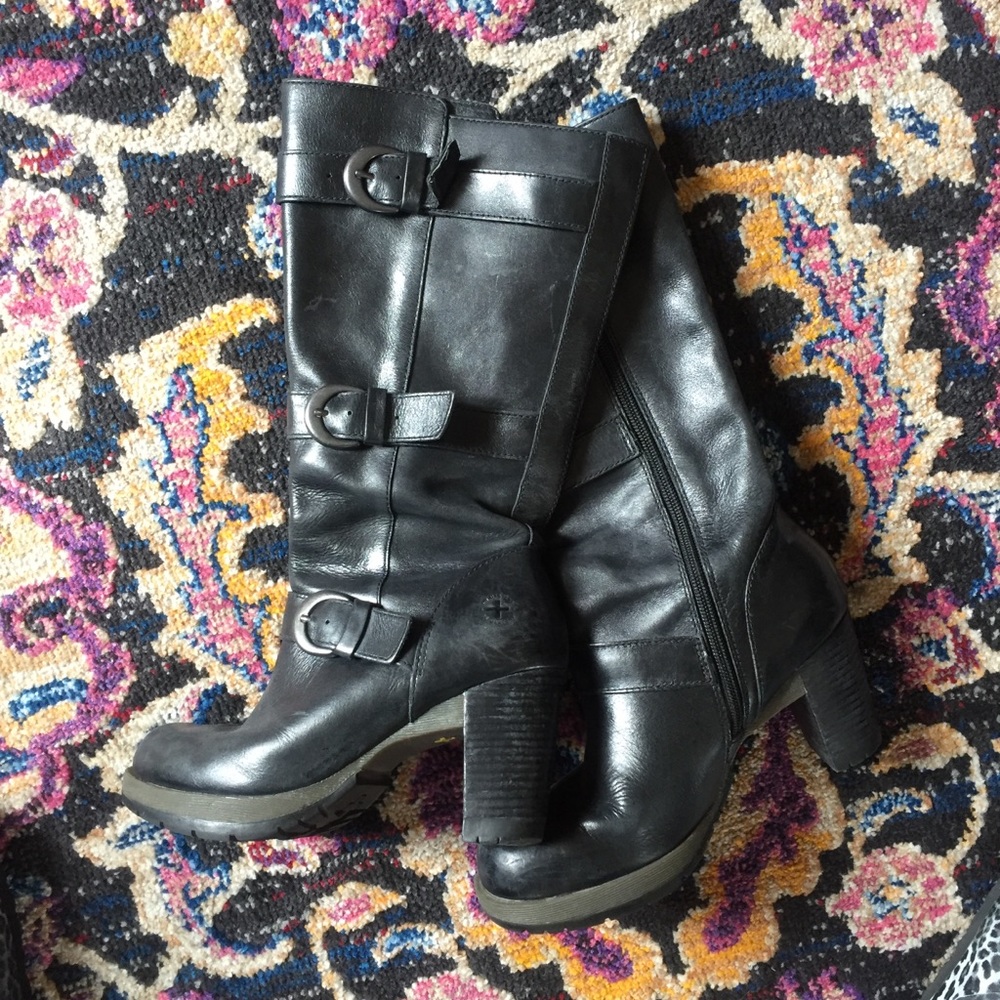 DR MARTEN Knee High High Heel Boots. Black Leather